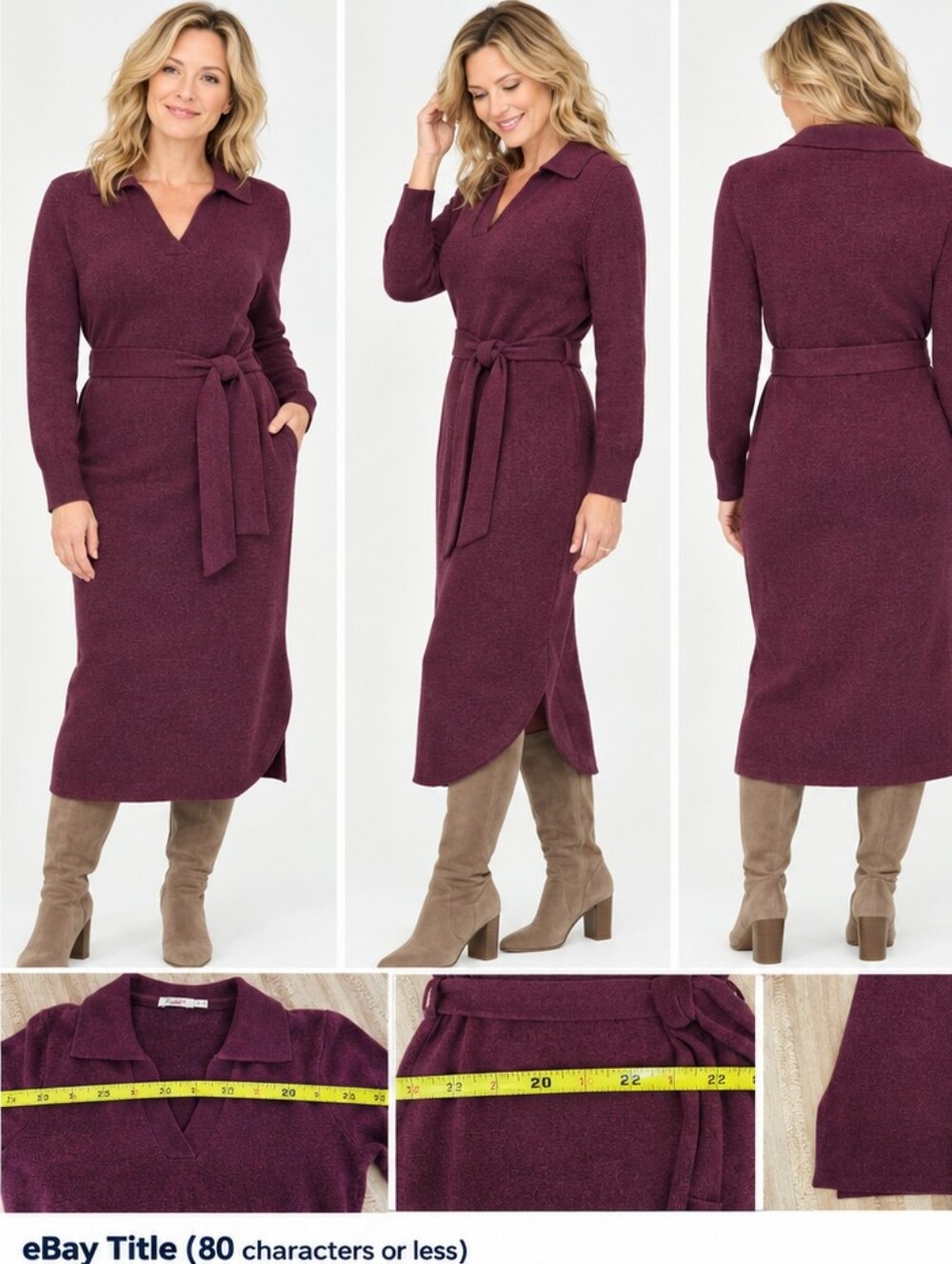 Faherty Women's L Organic Cotton Sweater Dress Burgundy Belted Midi Soft Knit